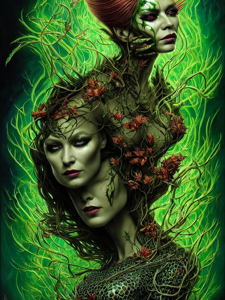 Prompt: cinematic fullbody portrait. complex hyper-maximalist overdetailed cinematic cosmic scifi portrait of an elegant very attractive but wild and dangerous reptilian goddess by andrei riabovitchev, tomasz alen kopera, oleksandra shchaslyva. Omnious intricate. Secessionist portrait illustration. Poison goddes. Slightly Reminds to poison ivy. Focus on face. Artstation. Deviantart. 8k 4k 64megapixel. Rendered by binx.ly.