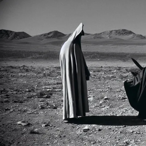 Image similar to a man wearing a long cloak and hood and gasmask, in the desert, film still, arriflex