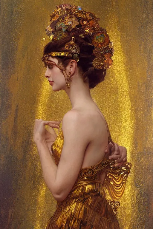 Image similar to an intricate painting of a beautiful young lady with an artistic sensual pose with klimt golden motives and textures, hyper detailed, ornamental gold headpiece, octane render, vivid colors, artstation, by jeremy mann, by alphonse mucha, by boris vallejo