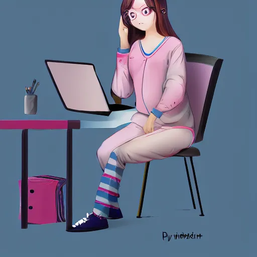 Image similar to girl in pyjamas working on computer, tired bags around eyes, digital art, drawing, artstation