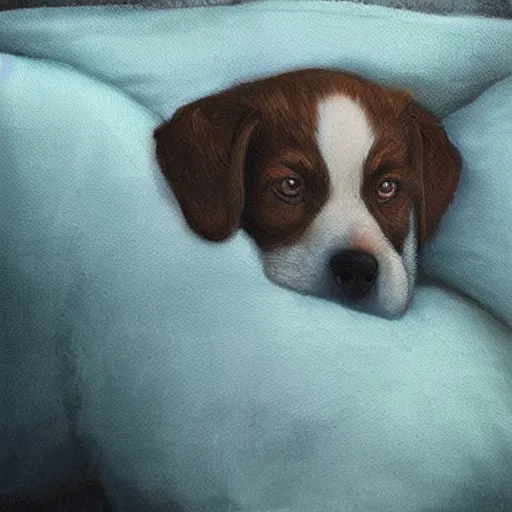 Prompt: a sleepy puppy in bed, resting on a pillow, Sigma 50mm f/1.4, painting by Tom Bagshaw