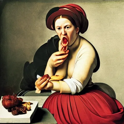 Image similar to woman eating a banana in style of caravaggio