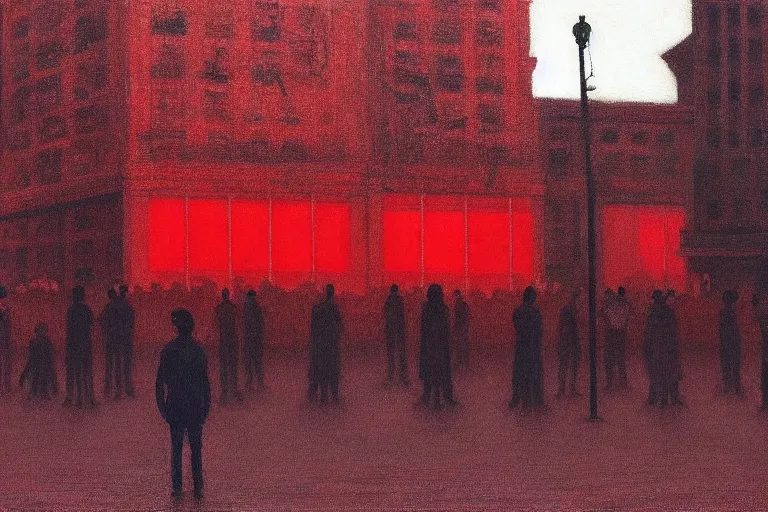 Image similar to only with red, crowd cheering a lot, an exposed picture in a city square, in the style of beksinski, parts by edward hopper, parts by rodcenko, parts by yue minjun, intricate and epic composition, red by caravaggio, insanely quality, highly detailed, masterpiece, red light, artstation, 4 k