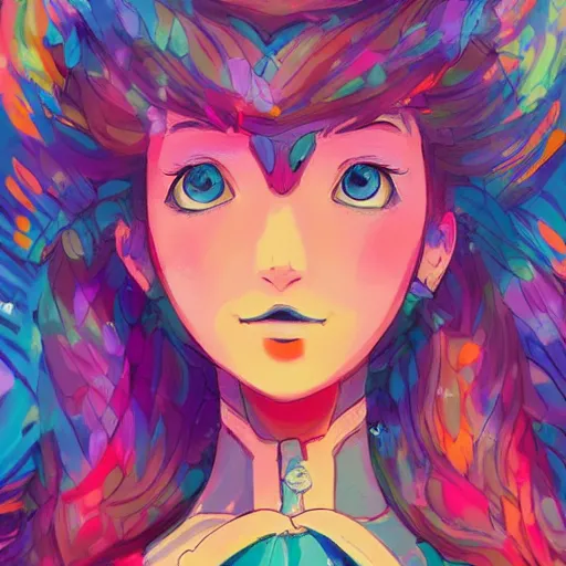 Image similar to a beautiful female disney styled character, ultra detailed, sunrise, portrait, hyper colorful, super coherent, symmetry, trending on artstation, by studio ghibli