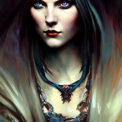 Image similar to dark goth queen with blue eyes, dark fantasy, hyperrealistic portrait, art of elysium by jeremy mann and alphonse mucha, dark fantasy illustration, fantasy art, photo realistic, dark, goth, artstation, ginger hair, dynamic lighting, very detailed face, 4 k, award winning