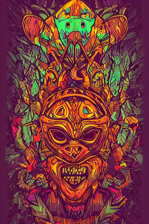 Image similar to totem animal mask tribal feather gemstone plant wood rock shaman vodoo video game vector illustration vivid multicolor borderlands comics by josan gonzales and dan mumford radiating a glowing aura