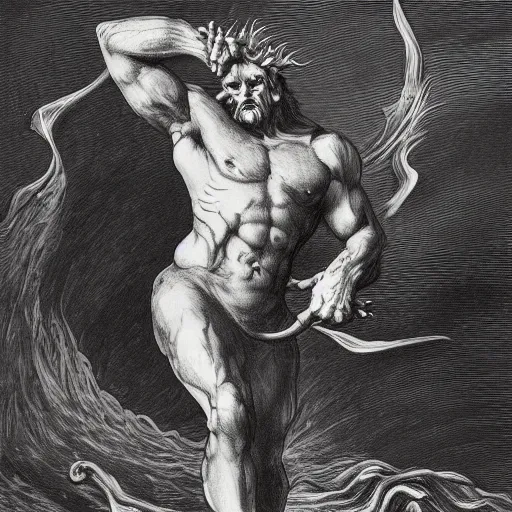 Image similar to full body grayscale drawing by Gustave Dore of muscled horned humanoid beast in heroic pose, swirling flames in background