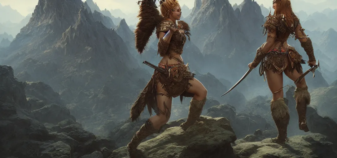 Image similar to highly detailed digital illustration of a warrior princess, high in mountains, cinematic lighting, photobash, raytracing, dark volumetric lighting, frank frazetta