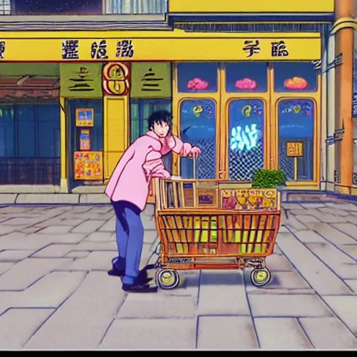 Image similar to man pushing a cart uphill in ulan bataar, sprite, vaporwave nostalgia, directed by beat takeshi, visual novel cg, 8 0 s anime vibe, kimagure orange road, maison ikkoku, initial d, sketch by osamu tezuka, directed by hideki anno