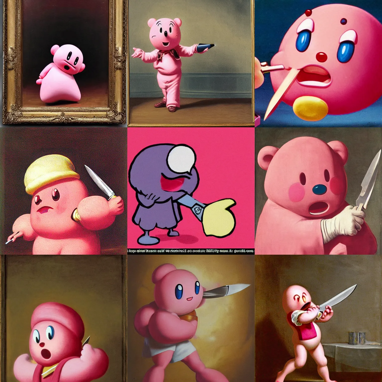 Prompt: cute pink mascot Kirby threatens with a knife, baroque painting