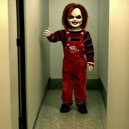 Image similar to chucky the killer doll standing in the hallway