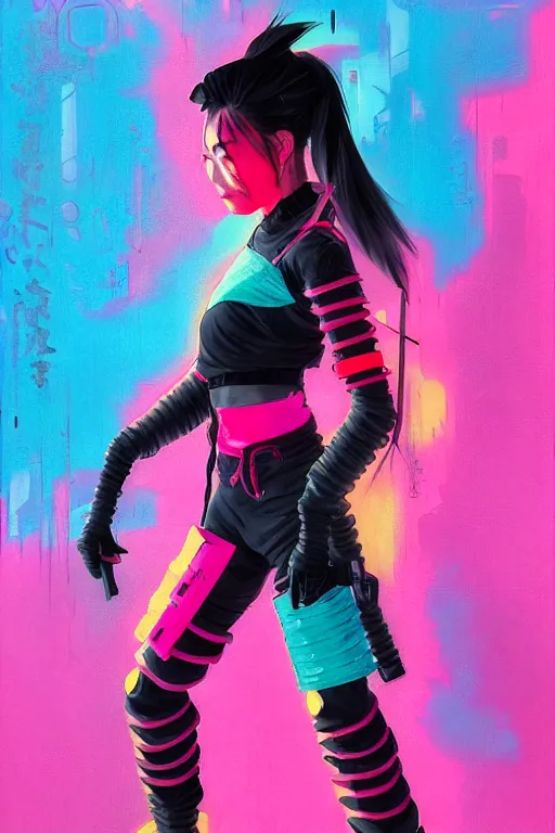 Image similar to stylized japanese cyberpunk ninja girl, wearing urban techwear, and armor, painted in acrylic, pigment textures, in the colors hot pink and cyan, beautiful realistic face, rule of thirds, spotlight, by greg rutkowski, by jeremy mann, by francoise nielly, by van gogh, by ross tran, in focus