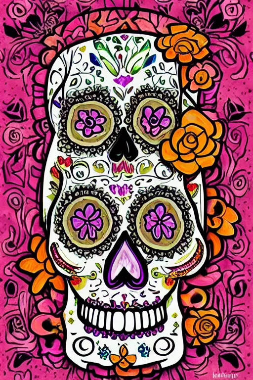 Prompt: illustration of a sugar skull day of the dead girl, art by paul booth