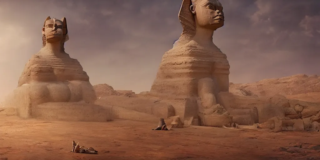 Image similar to never ending story sphinx, greg rutkowski, 8 k, shallow depth of field, moody lighting, golden hour, ultra high detail, concept art,