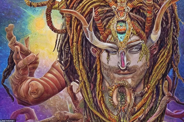 Prompt: a hyper-detailed painting with high details and textures of a psychedelic demon with dreadlocks horns and several eyes, he is in a meditation position and has an open third eye and mystical spiritual powers, the mix cernunnos + shiva