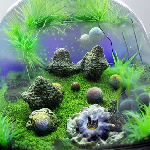 Image similar to alien planet, lush with fluorescent mushrooms encapsulated in a terrarium, high detail, photorealistic