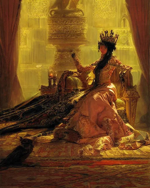 Image similar to an illustration of a queen on a throne at night by frederick arthur bridgman, realistic, detailed, oil painting, 1 9 th
