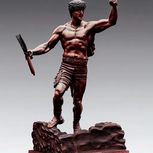 Prompt: museum stallone rambo prince statue monument made from porcelain brush face hand painted with iron red dragons full - length very very detailed intricate symmetrical well proportioned balanced