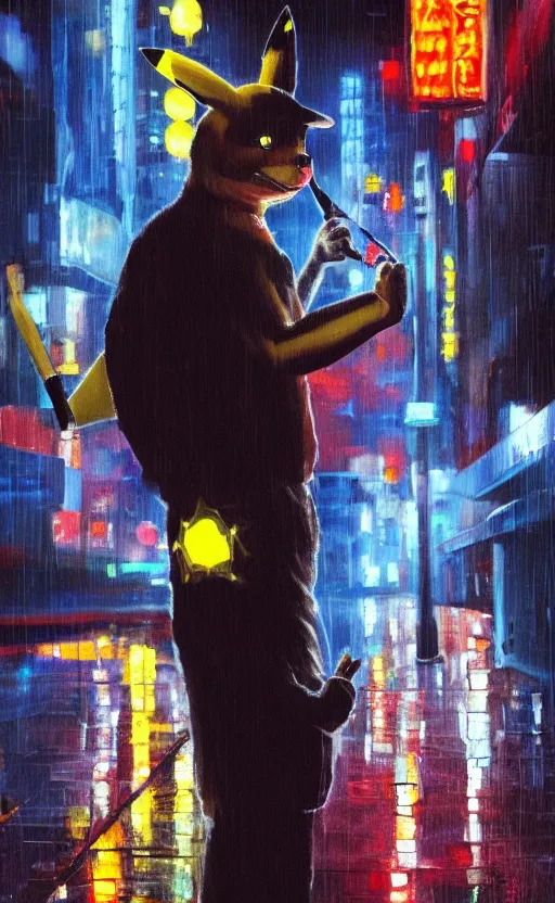 Image similar to a realistic oil painting of Chrome Pikachu smoking a cigarette in a rainy cyberpunk street, by Alex Ross, realistic, 8k, HD, neon, dramatic backlit, bokeh