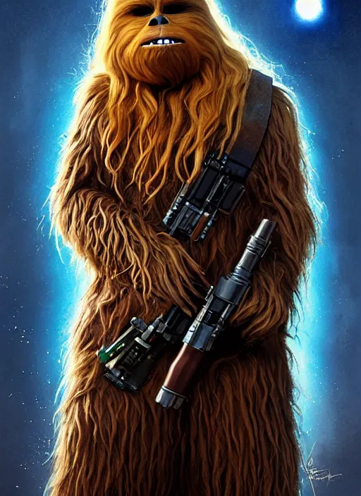 Image similar to hyper realistic, zoomed out portrait of a mega derpy big chungus as chewbacca in star wars, stoned, by greg rutkowski, scott m fischer, artgerm, loish, slight glow, atmospheric, anne stokes, alexandros pyromallis