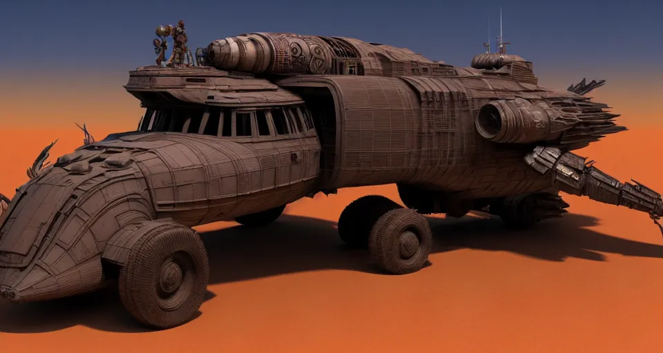 Prompt: highly detailed cinematic scifi render of 3 d sculpt of fury road spaceship, guardians of the galaxy, star wars