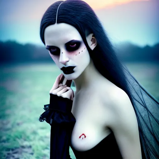 Image similar to photographic portrait of a stunningly beautiful gothic vampire female in soft dreamy light at sunset, contemporary fashion shoot, by edward robert hughes, annie leibovitz and steve mccurry, david lazar, jimmy nelsson, breathtaking, 8 k resolution, extremely detailed, beautiful, establishing shot, artistic, hyperrealistic, beautiful face, octane render