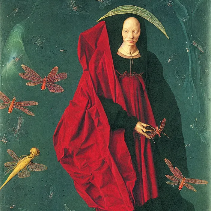 Prompt: a closeup portrait of a cloaked woman floating next to a dragonfly nebula, dragonfly nebula, by jan van eyck