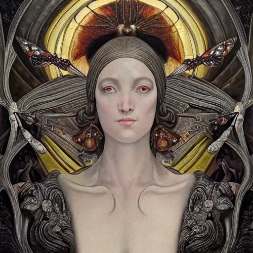 Prompt: a baroque neoclassicist close - up renaissance portrait of a beautiful art deco witch queen with glowing eyes, moth wings with geometric patterns, reflective detailed textures, baroque dark fantasy science fiction painting by diego rivera and donato giancola and jean delville and moebius and tom bagshaw, goth, dramatic lighting, silver and muted colors, artstation, octane render