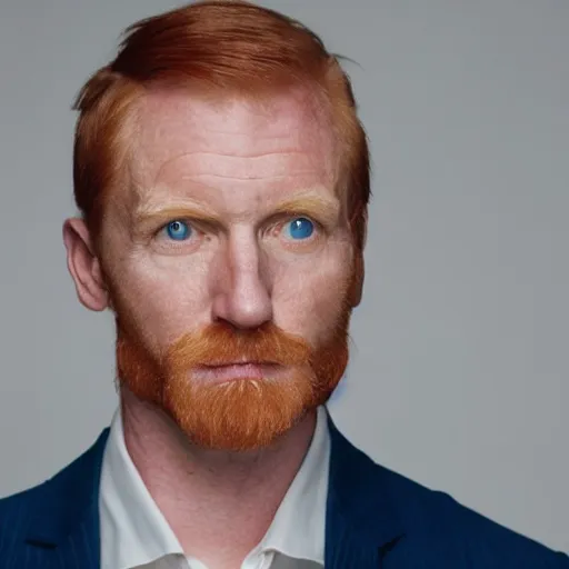 Image similar to photograph of a ginger man in his 40s, greenish blue eyes, small nose, clean shaven, no wrinkles, tall, wearing a white shirt and elegant gray dress jacket, looking into the distance