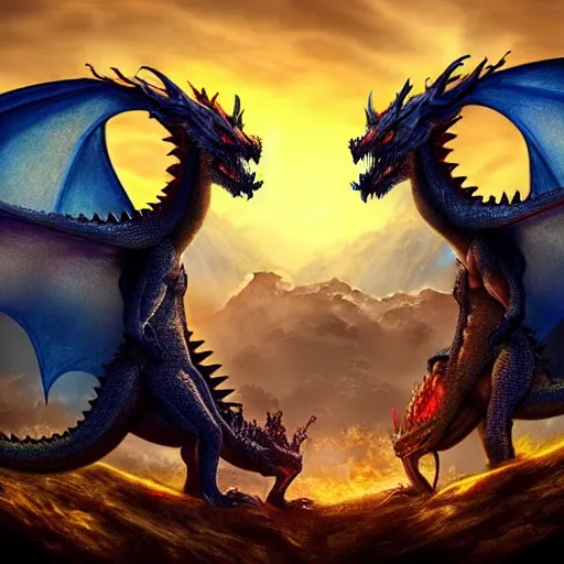 Prompt: Two dragons intertwined with one another breathing fire, masterpiece, 4k render, sunset, forest, incredible detail, cloudy, beautiful