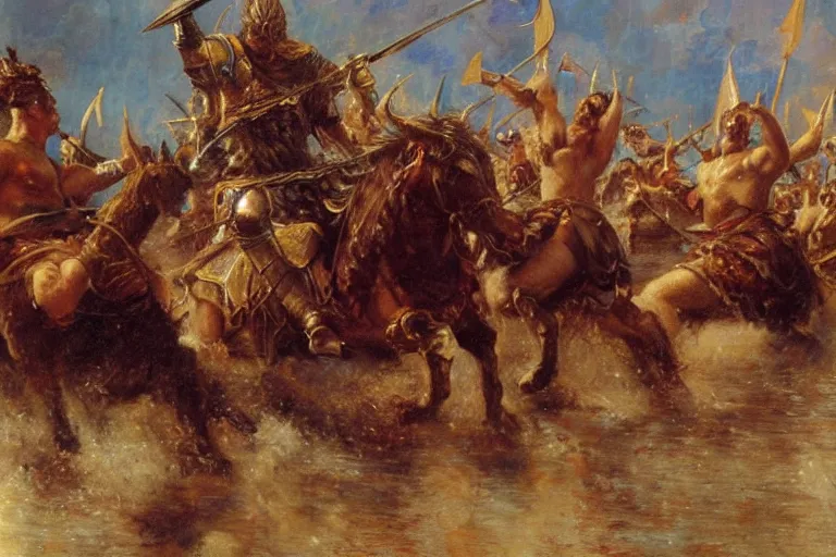 Prompt: robert baratheon leads the battle of the trident. art by gaston bussiere.