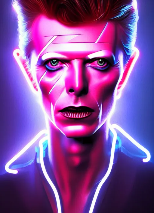 Image similar to portrait of david bowie cyber humanoid, intricate, elegant, cyber neon lights, highly detailed, digital painting, artstation, glamor pose, concept art, smooth, sharp focus, illustration, art by artgerm and greg rutkowski