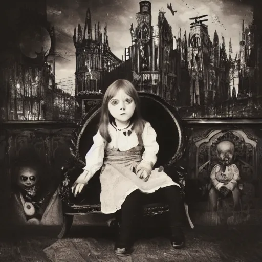 Prompt: a photo of young sad victorian gothic child with big eyes and wide grin sitting on a sofa of bones surrounded by a cyber futuristic cityscape made of human body parts, 5 0 mm, perfect faces