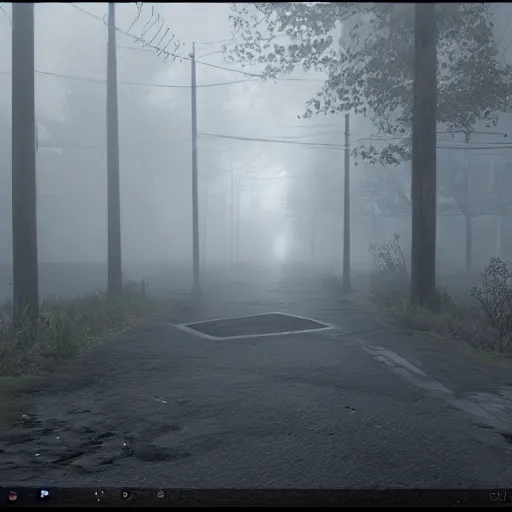 Image similar to walking through silent hill. Unreal Engine. HDR. 8K.