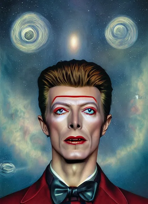 Prompt: twin peaks poster art, david bowie floating through the cosmo outer space, old retro pulp, by michael whelan, rossetti bouguereau, artgerm, nostalgic, old fashioned