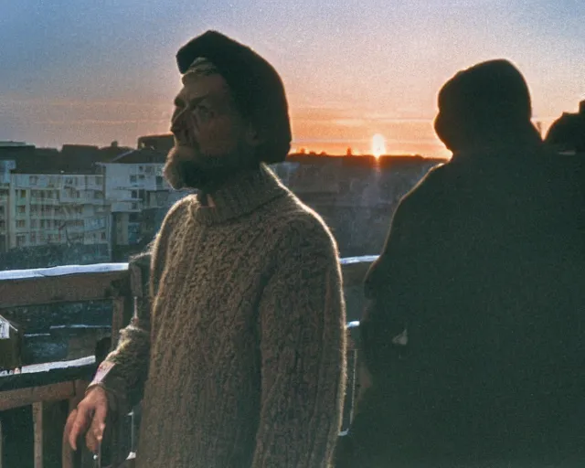 Image similar to lomographic tarkovsky film still of 4 0 years russian man with beard and sweater standing on small hrushevka 9 th floor balcony in taiga looking at sunset, perfect faces, cinestill, bokeh