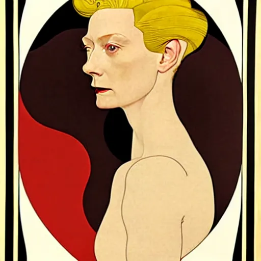 Prompt: a portrait by coles phillips of the stunningly beautiful actree, tilda swinton, mucha, kandinsky, art deco, decadence,