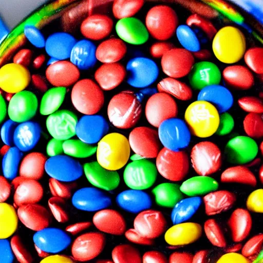 Image similar to eminem's face in a bowl of m & ms, high detail