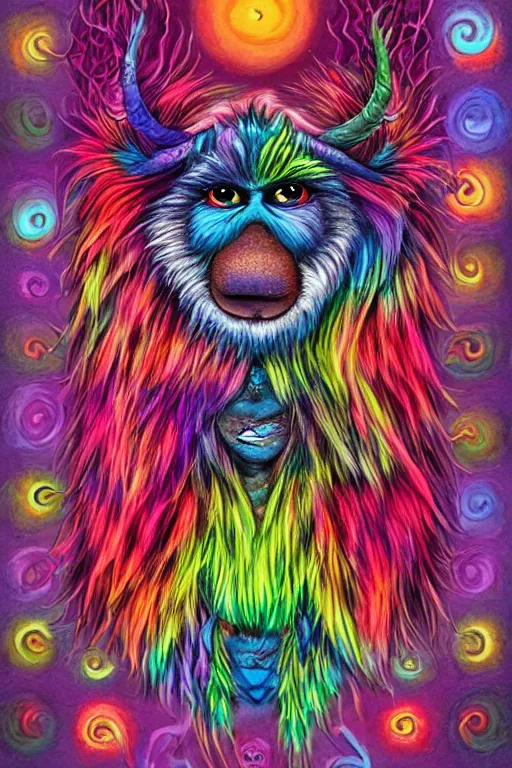 Image similar to a multicolored furry monster with a fuzzy horns, a character portrait by jim henson, behance contest winner, psychedelic art, behance hd, irridescent, colorful, centered, matte background