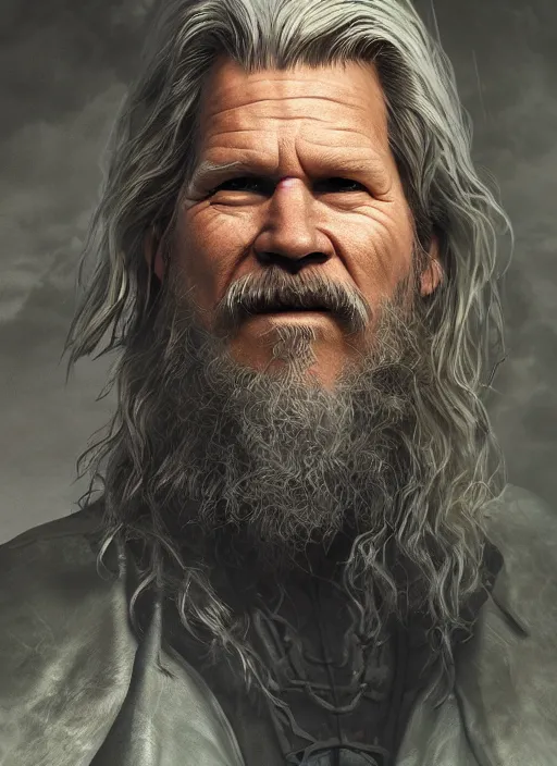 Image similar to A fantasy comic book style portrait painting of Jeff Bridges as a wizard in atmospheric dark castle setting, unreal 5, DAZ, hyperrealistic, octane render, RPG portrait, dynamic lighting