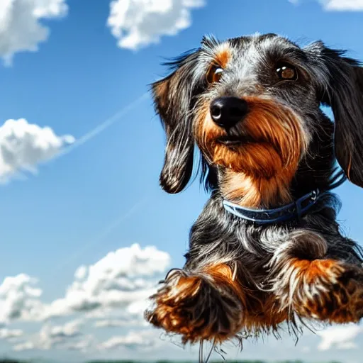 Image similar to grey, elderly wire-haired dachshund flying in heaven, floating in the sky, blue sky, surrounded by beautiful white clouds, heaven landscape