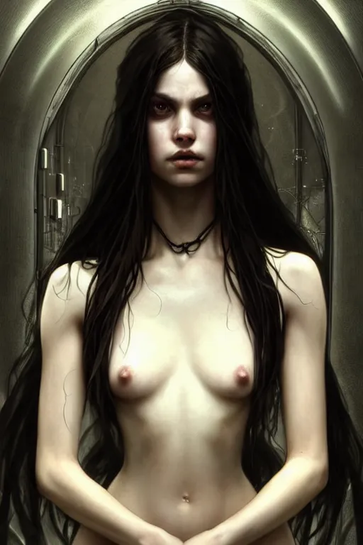 Image similar to beautiful and enigmatic gothic girl held captive in a remote research facility. vulnerability and innocence, ultra realistic, sharp details, subsurface scattering, intricate details, warm lighting, beautiful features, highly detailed, photorealistic, octane render, 8 k, unreal engine, art by artgerm and greg rutkowski and alphonse mucha