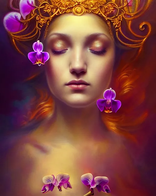 Image similar to portrait of the beautiful young goddess of orchids, unusual beauty, etheric, outworldly colours, emotionally evoking symbolic metaphors, head in focus, fantasy, ornamental, intricate, elegant, highly detailed hyperrealistic painting, artstation, concept art, painterly, golden ratio, sharp focus, illustration, art by anna dittman,