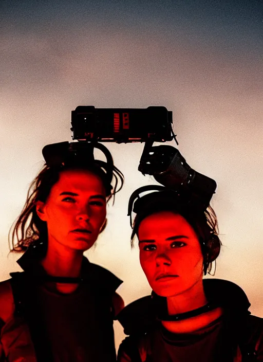 Prompt: cinestill 5 0 d photographic portrait of two loving female androids wearing rugged black techwear on a desolate plain with a red sky, extreme closeup, cyberpunk style, garters, dust storm, 8 k, hd, high resolution, 3 5 mm, f / 3 2, ultra realistic faces, ex machina