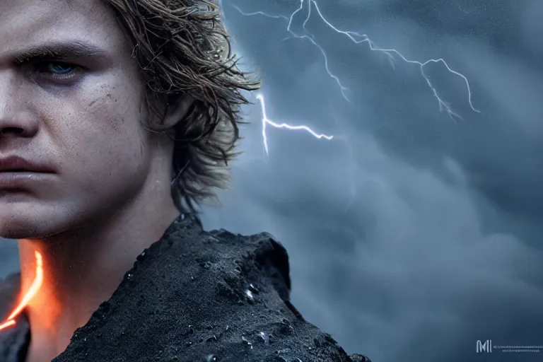 Image similar to an ultra realistic, cinematic, headshot portrait, of anakin skywalker, fire, facial features, background of a lava river, with rain and lightning, detailed, deep focus, movie still, dramatic lighting, ray tracing, by michal karcz and yoshitaka amano