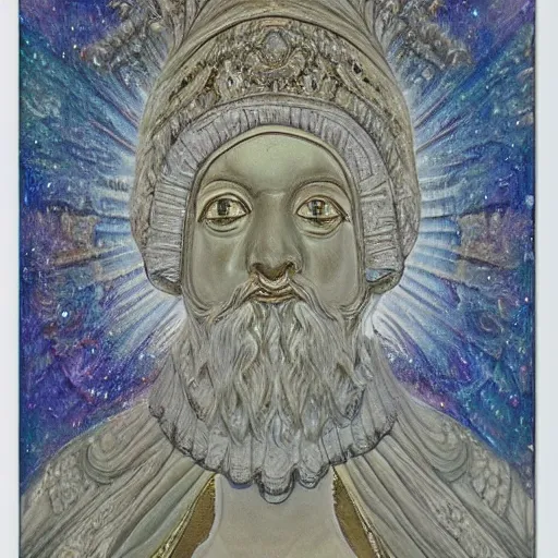 Image similar to white crystal statue carving of a supreme court judge, religious imagery, islamic pattern art, fractals, galaxy, impressionism painting, john blanche, muted colors, tarot card