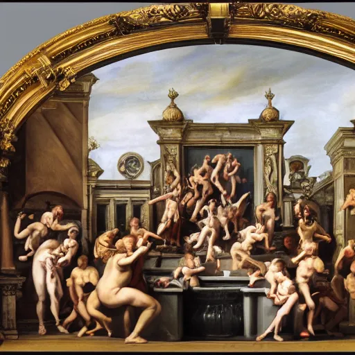 Image similar to facility portrait, all subjects posing around a fountain baroque style 1 6 5 6 inspired by diego velasquez 2 2 ft distance