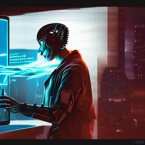 Image similar to a matte painting of a cyborg touching a liquid neon computer screen, cyberpunk, surrounded by smoke, award-winning art, highly creative, hyperrealistic, highly-detailed, by Sam Spratt, by Vlad Rodrig﻿u﻿e﻿z, computer screens in the background, trending on Artstation, dark, dramatic, cinematic, realistic studio lighting, realistic reflections, 4k, professional, canon