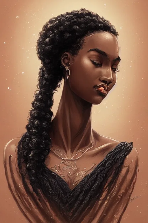 Prompt: A bust of a tall black skinned girl with large lips and smooth eyebrows and wavy hair, HD, illustration, epic, fantasy, intricate, elegant, amazing detail, digital painting, artstation, concept art, smooth, sharp focus, illustration, art by Turine Tran