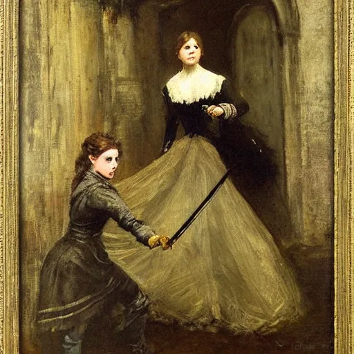 Prompt: young victorian woman lost in a dungeon fighting a monster, by alfred stevens